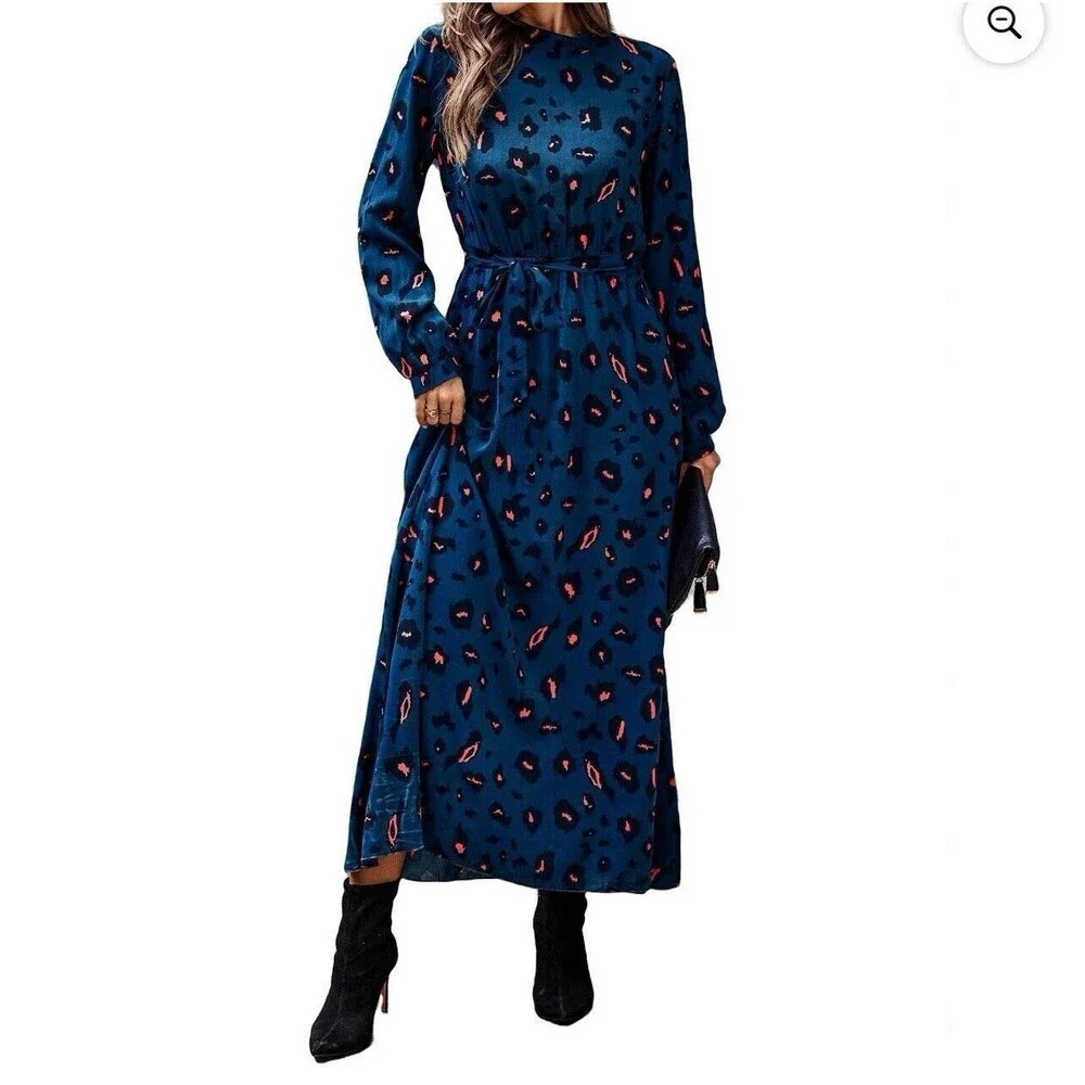 SheIn Teal Leopard Print Maxi Dress 4X Plus Women's Collar Long Sleeve Boho